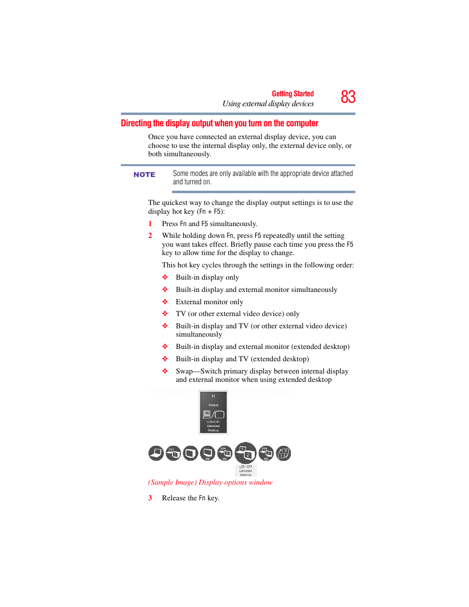 Directing the display output when you, Turn on the computer | Toshiba SATELLITE M500 User Manual | Page 83 / 258