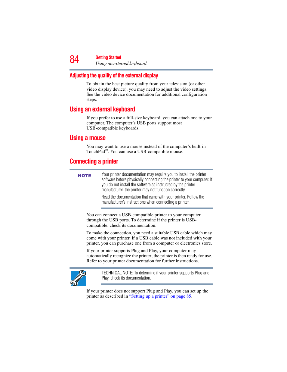 Adjusting the quality of the external display, Using an external keyboard, Using a mouse | Connecting a printer, Using an external keyboard using a mouse, Using an external | Toshiba SATELLITE M500 User Manual | Page 84 / 258