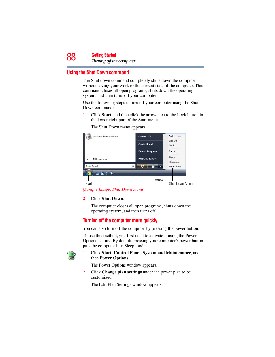 Using the shut down command | Toshiba SATELLITE M500 User Manual | Page 88 / 258
