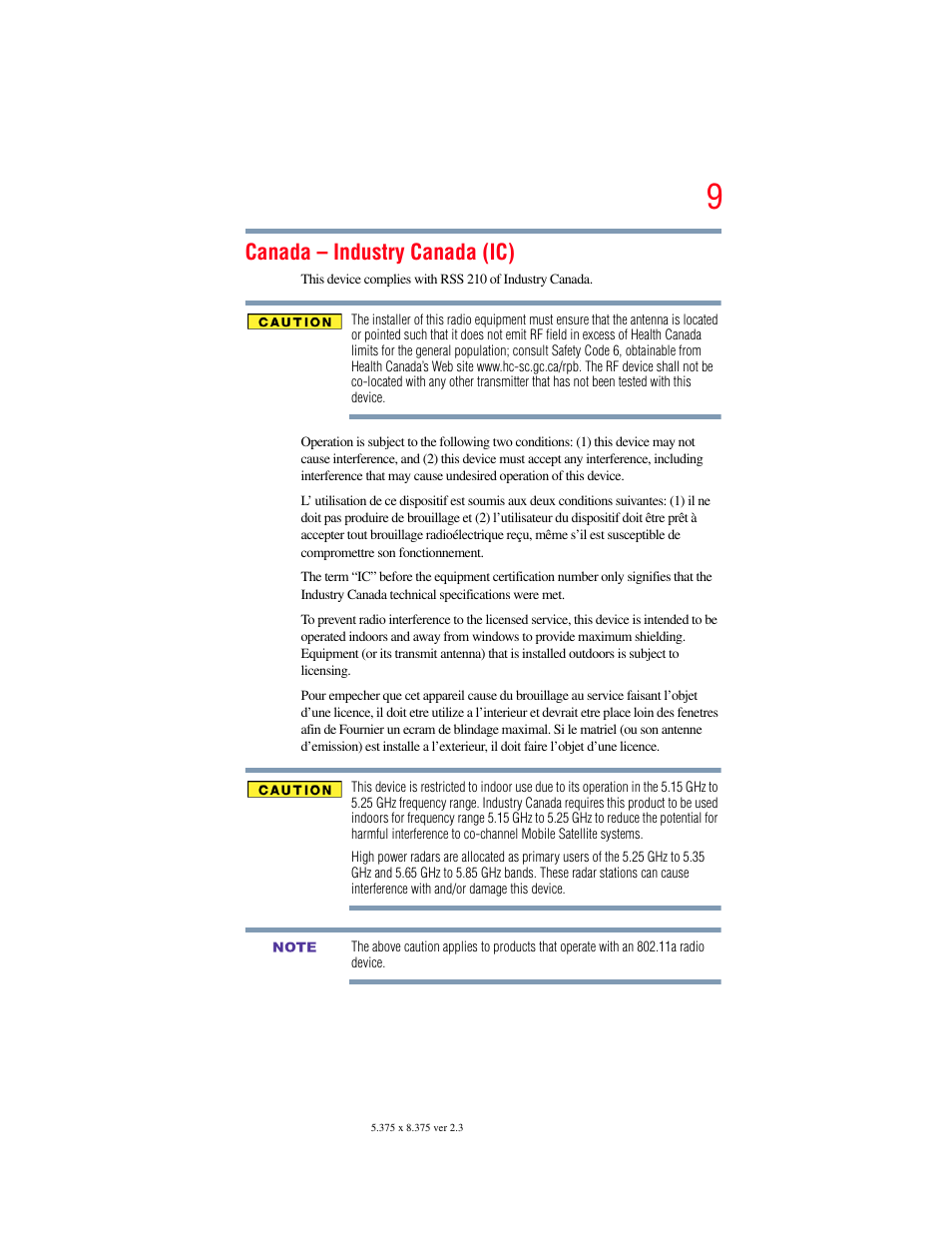 Canada – industry canada (ic) | Toshiba SATELLITE M500 User Manual | Page 9 / 258