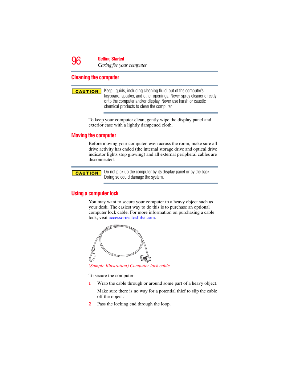 Cleaning the computer, Moving the computer, Using a computer lock | Toshiba SATELLITE M500 User Manual | Page 96 / 258