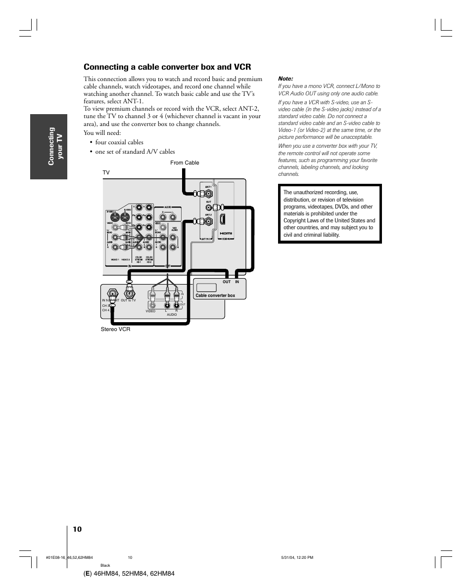 Connecting a cable converter box and vcr | Toshiba DLP 46HM84 User Manual | Page 10 / 68