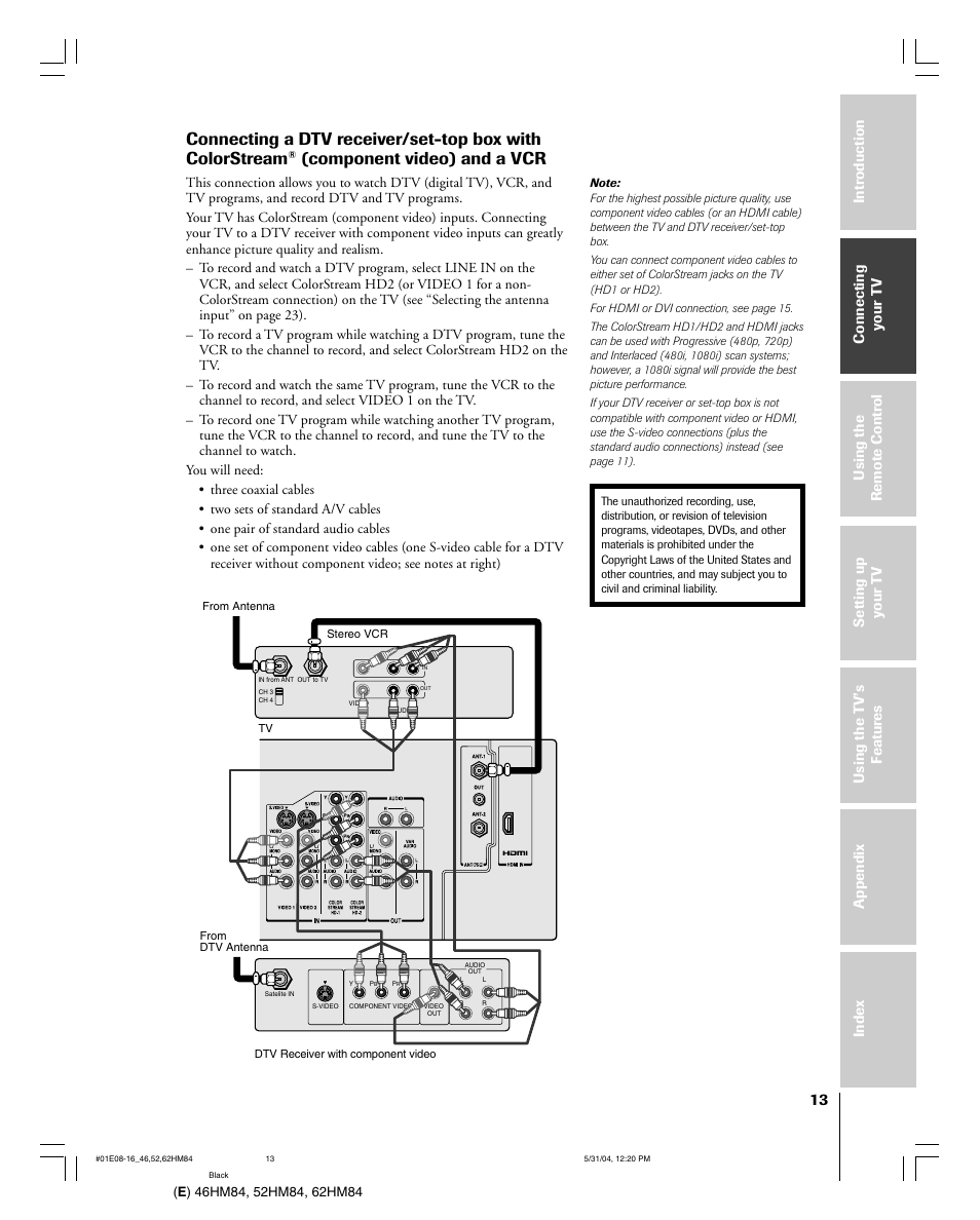 Component video) and a vcr | Toshiba DLP 46HM84 User Manual | Page 13 / 68