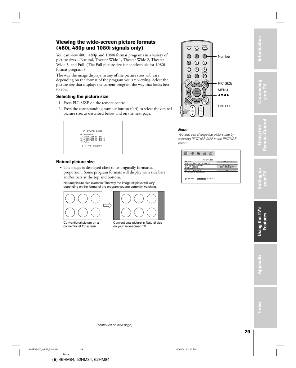 Selecting the picture size | Toshiba DLP 46HM84 User Manual | Page 29 / 68