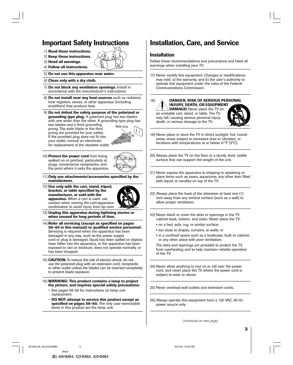 Installation, care, and service, Important safety instructions, Installation | Toshiba DLP 46HM84 User Manual | Page 3 / 68
