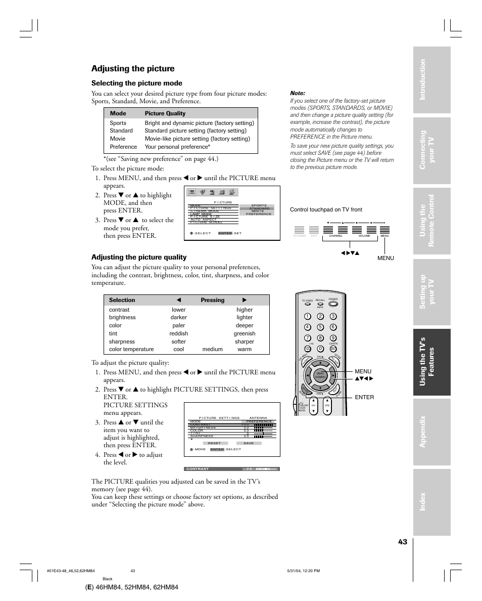 Adjusting the picture, Selecting the picture mode, Adjusting the picture quality | Toshiba DLP 46HM84 User Manual | Page 43 / 68