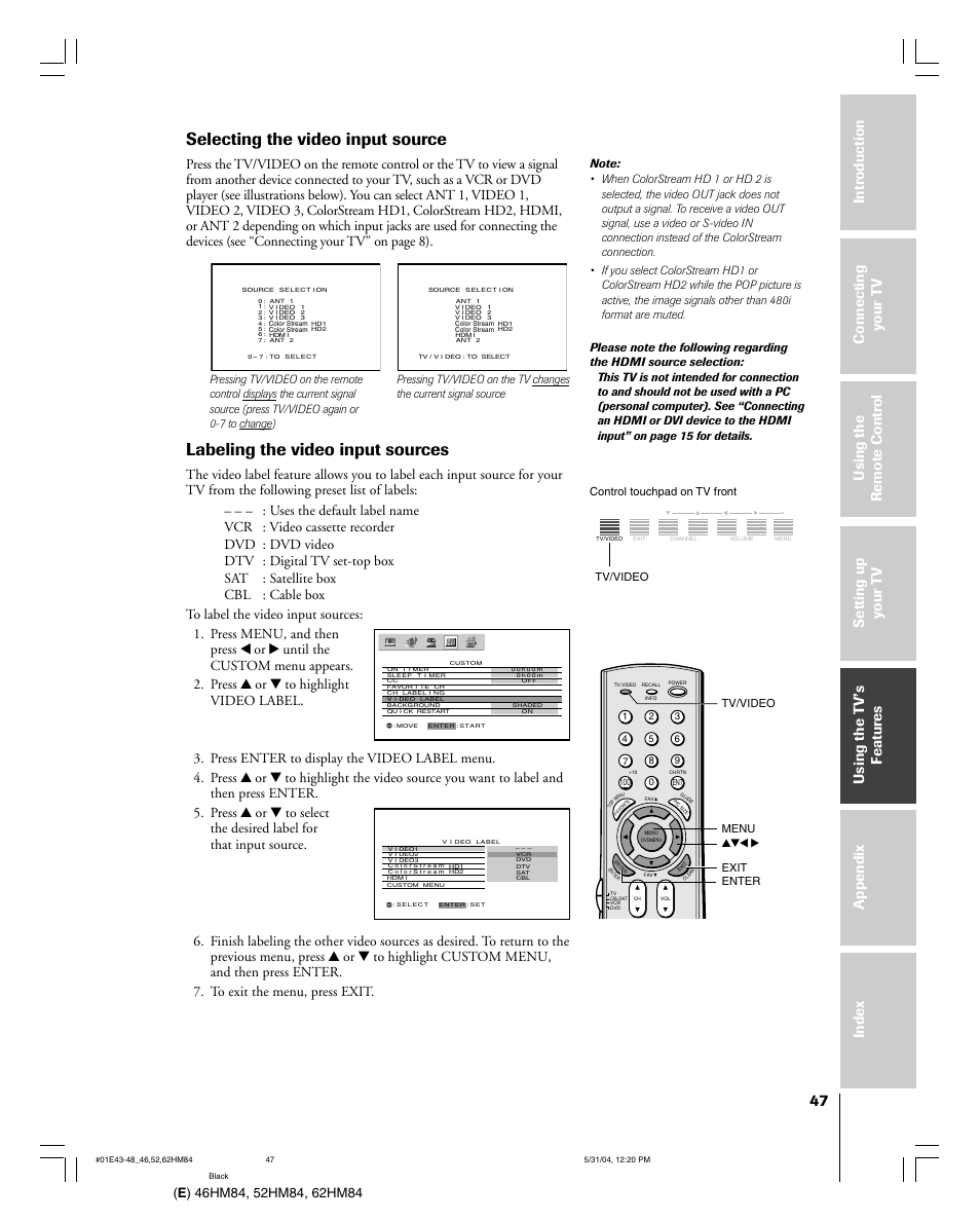 Selecting the video input source, Labeling the video input sources, Control touchpad on tv front | Toshiba DLP 46HM84 User Manual | Page 47 / 68