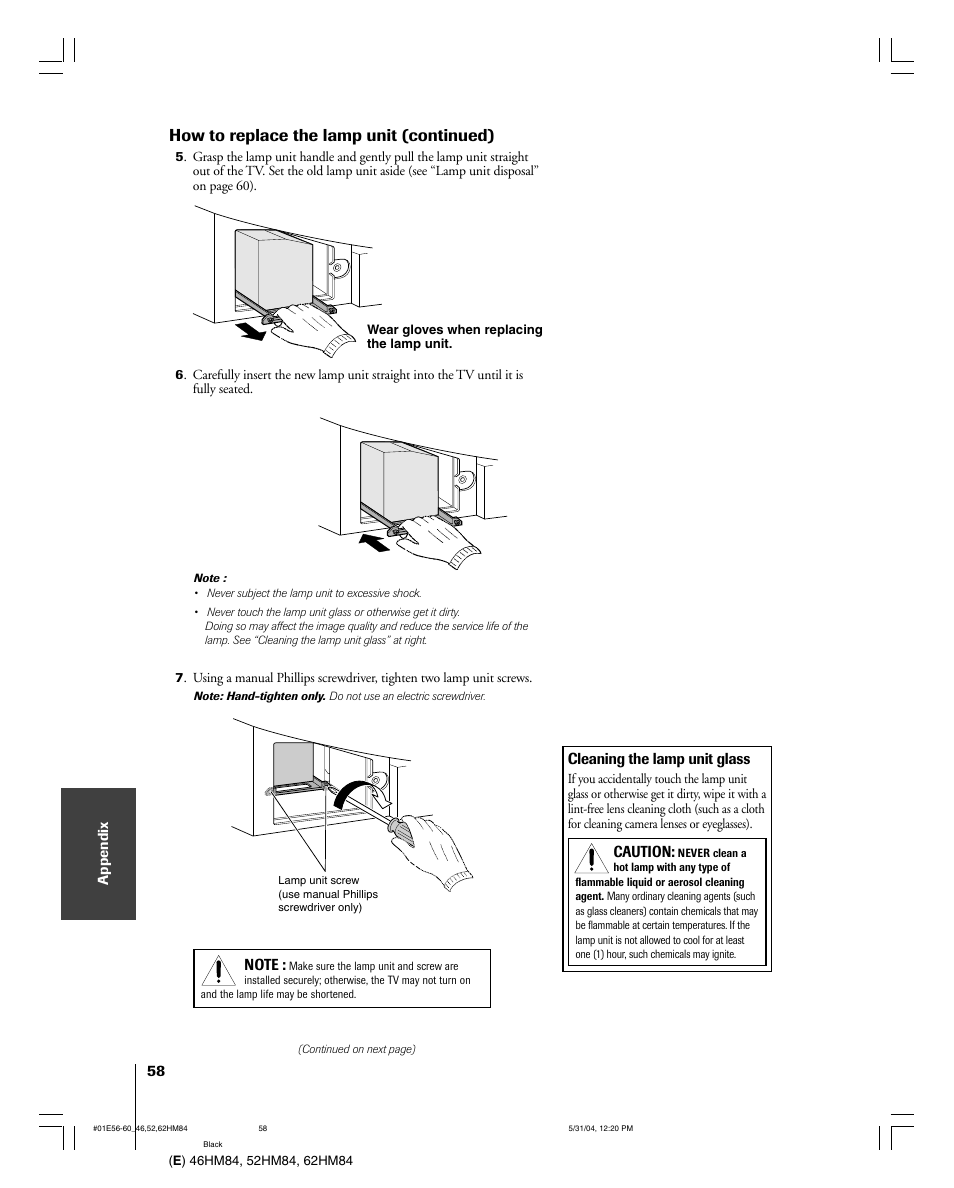 How to replace the lamp unit (continued) | Toshiba DLP 46HM84 User Manual | Page 58 / 68