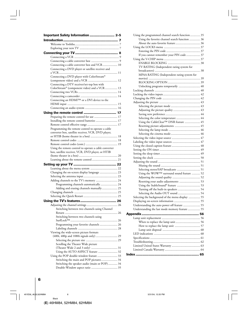 Toshiba DLP 46HM84 User Manual | Page 6 / 68