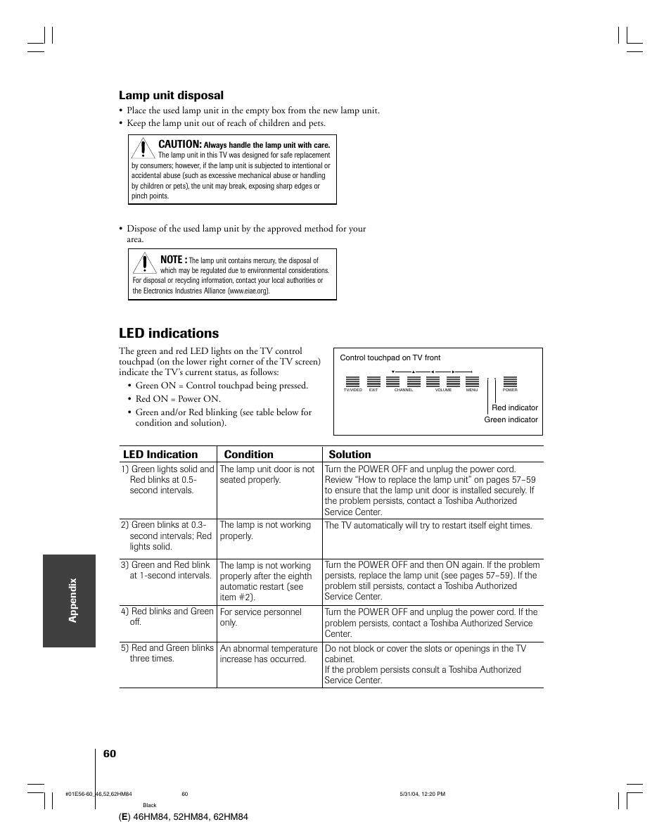 Led indications, Lamp unit disposal | Toshiba DLP 46HM84 User Manual | Page 60 / 68