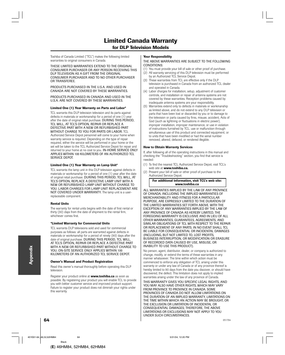 Limited canada warranty | Toshiba DLP 46HM84 User Manual | Page 64 / 68