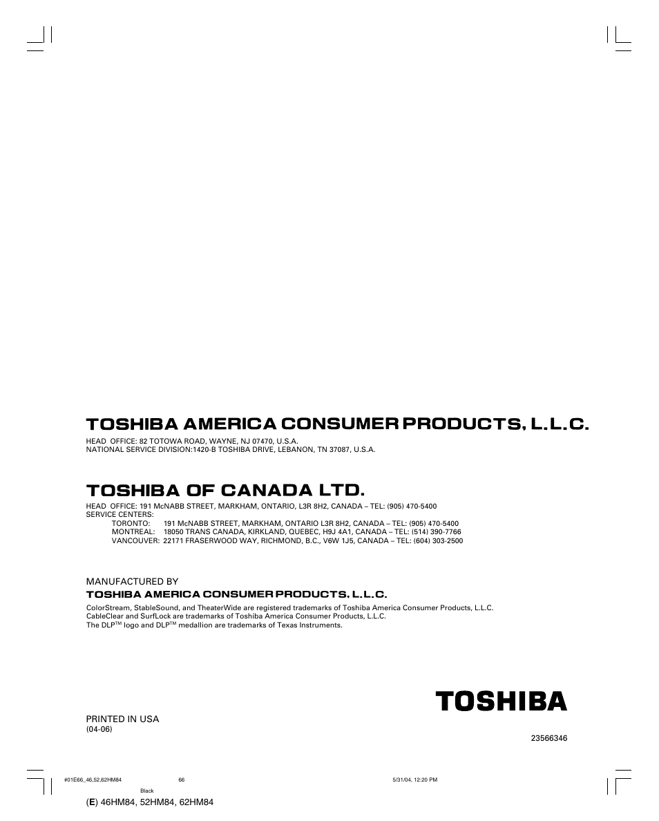 Toshiba DLP 46HM84 User Manual | Page 68 / 68