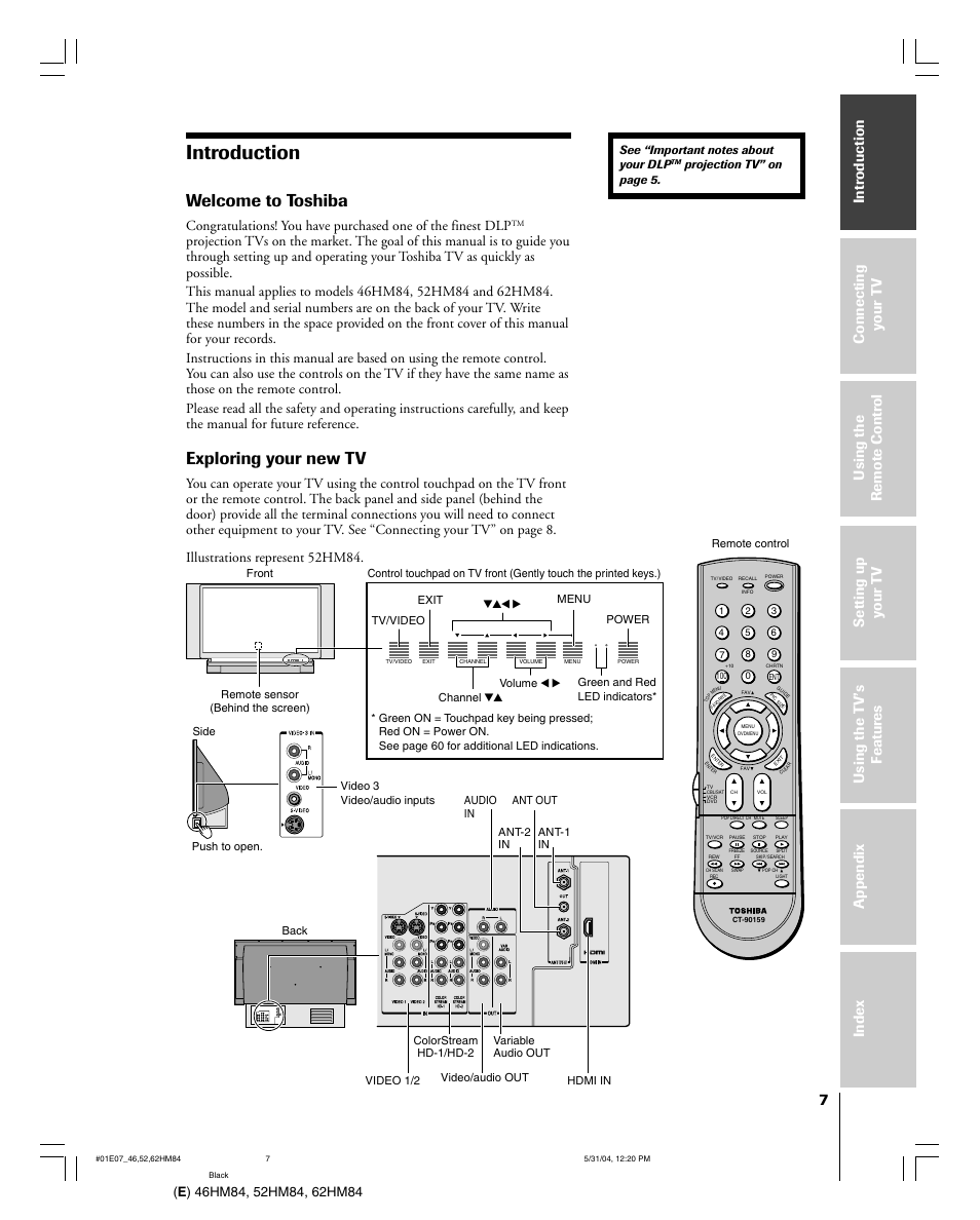 Introduction, Welcome to toshiba, Exploring your new tv | Menu volume channel exit tv/video power | Toshiba DLP 46HM84 User Manual | Page 7 / 68