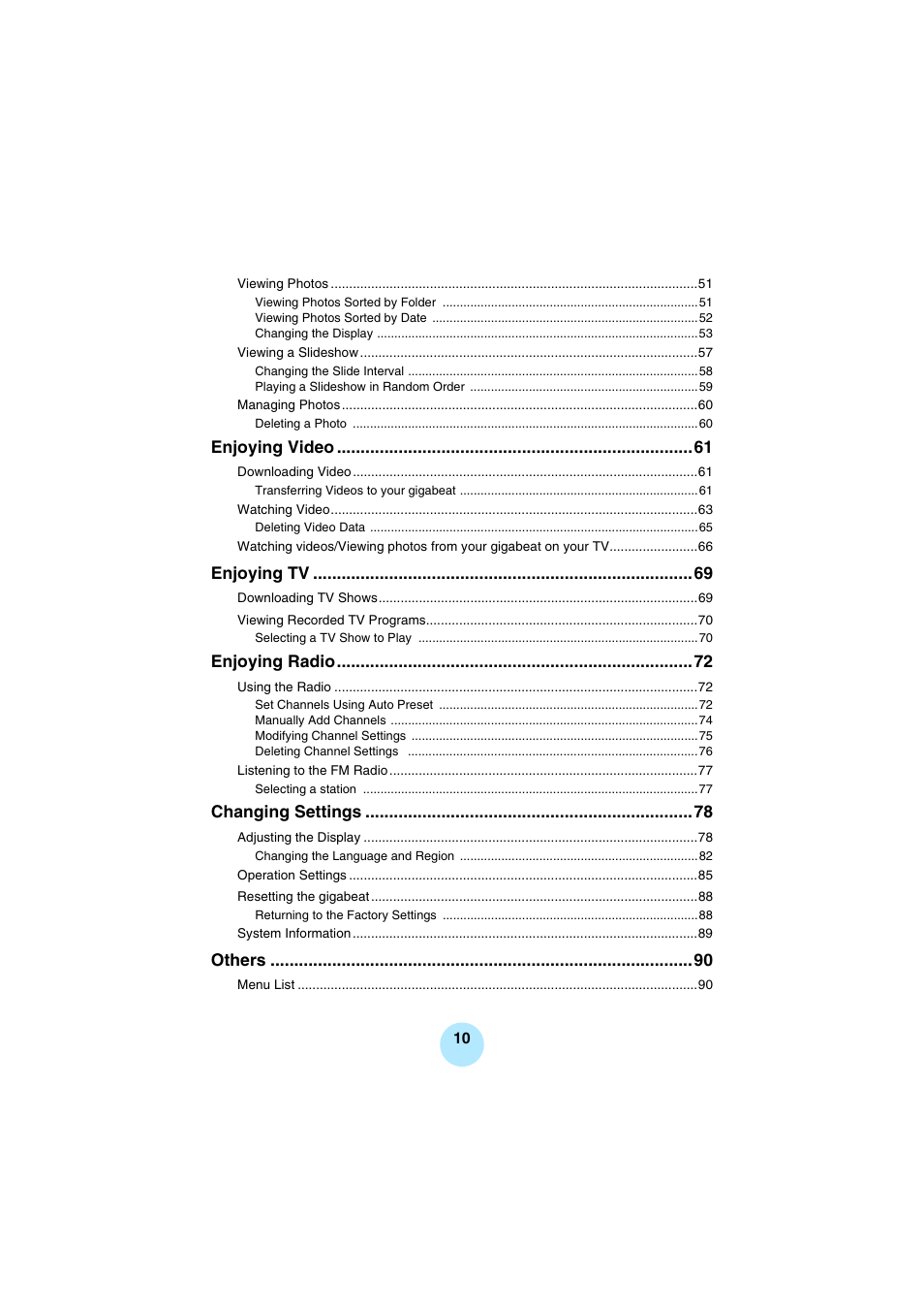 Enjoying video, Enjoying tv, Enjoying radio | Changing settings, Others | Toshiba Portable MP3 Player User Manual | Page 10 / 102