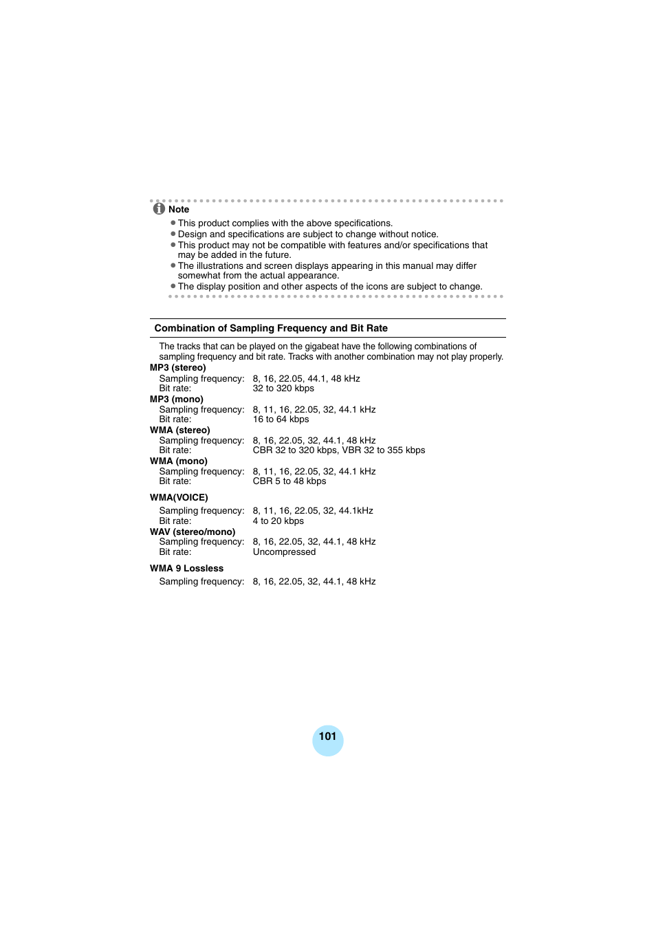 Combination of sampling frequency and bit rate, P.101), In t | Toshiba Portable MP3 Player User Manual | Page 101 / 102