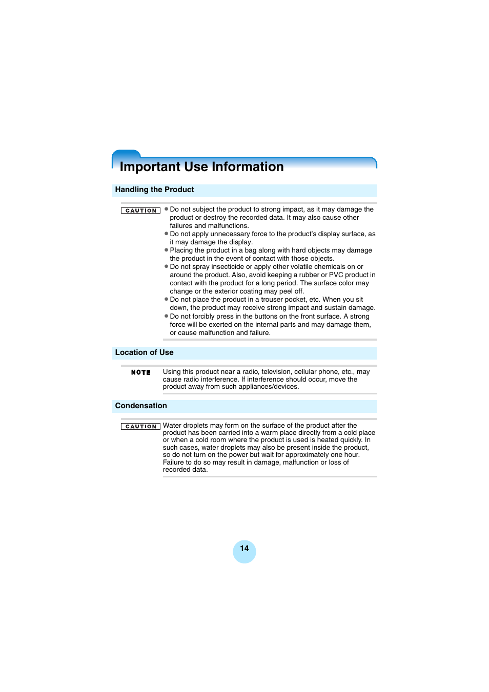 Important use information | Toshiba Portable MP3 Player User Manual | Page 14 / 102
