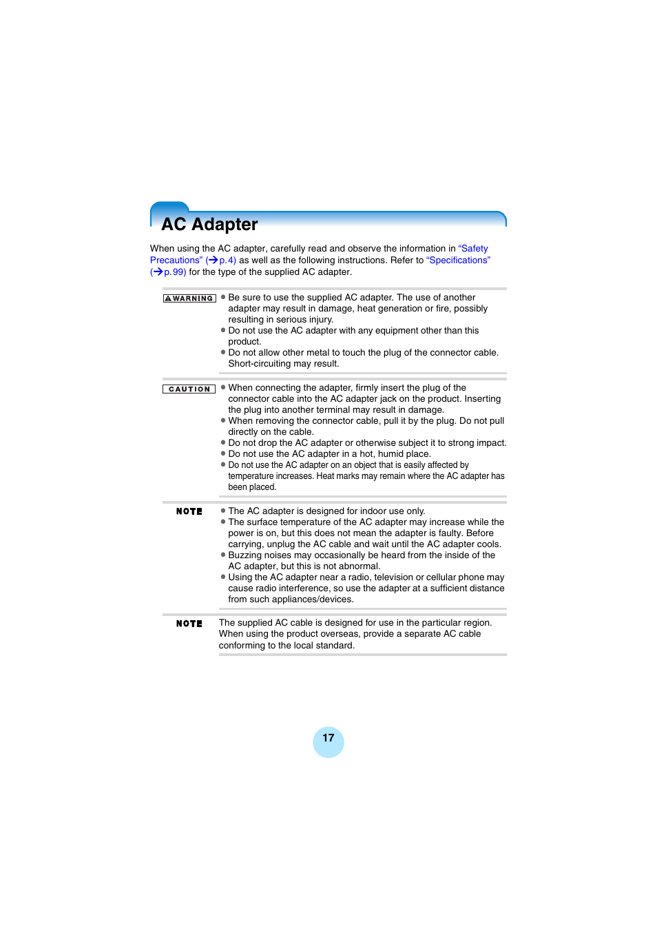 Ac adapter | Toshiba Portable MP3 Player User Manual | Page 17 / 102