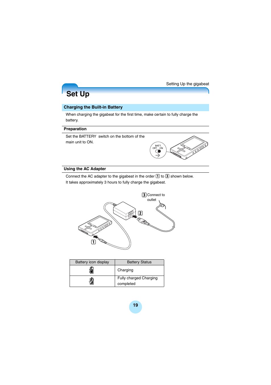 Setting up the gigabeat, Set up, Charging the built-in battery | Toshiba Portable MP3 Player User Manual | Page 19 / 102