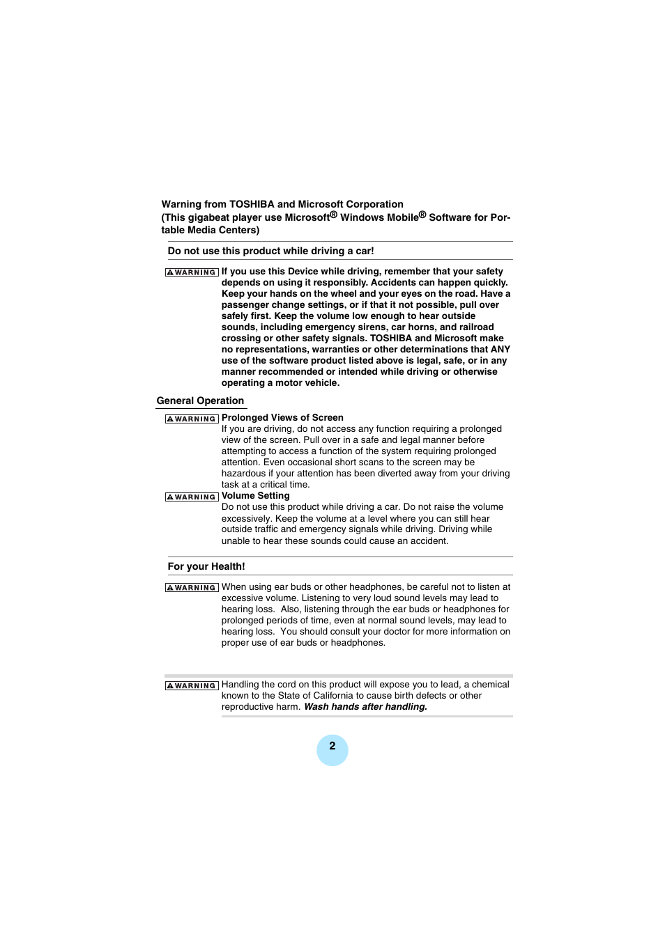 Toshiba Portable MP3 Player User Manual | Page 2 / 102