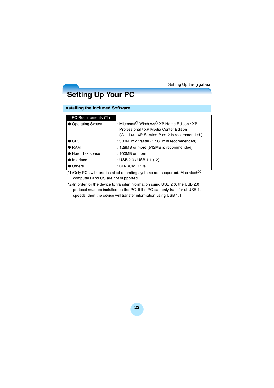 Setting up your pc, Installing the included software, P.22) | Toshiba Portable MP3 Player User Manual | Page 22 / 102