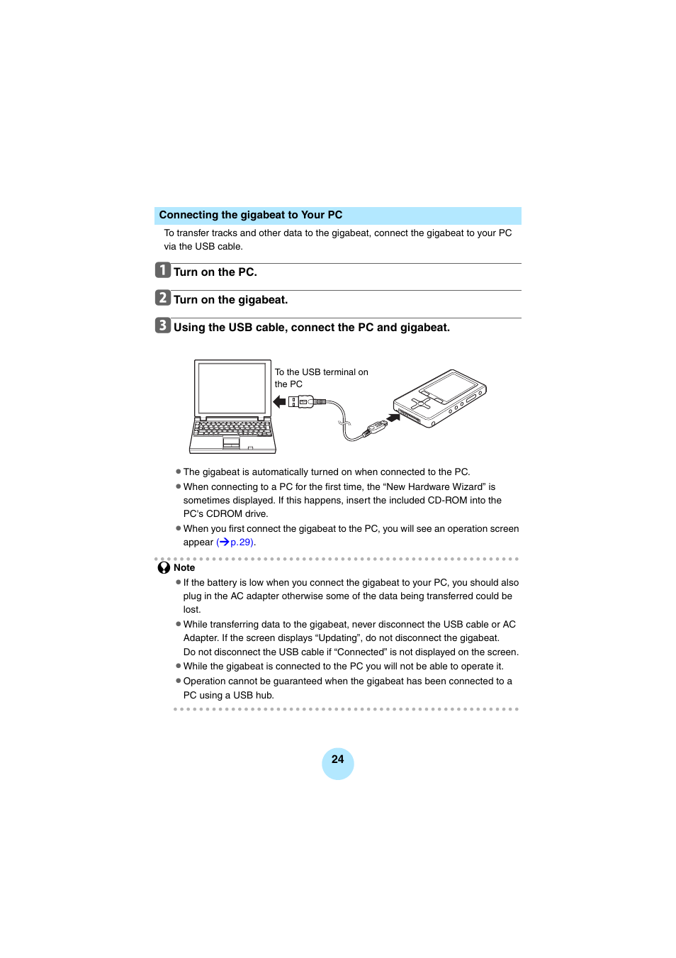 Connecting the gigabeat to your pc, Connecting the, Gigabeat to your pc | P.24) | Toshiba Portable MP3 Player User Manual | Page 24 / 102