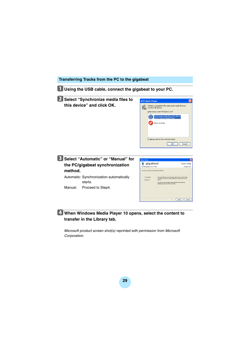 Transferring tracks from the pc to the gigabeat, P.29) | Toshiba Portable MP3 Player User Manual | Page 29 / 102