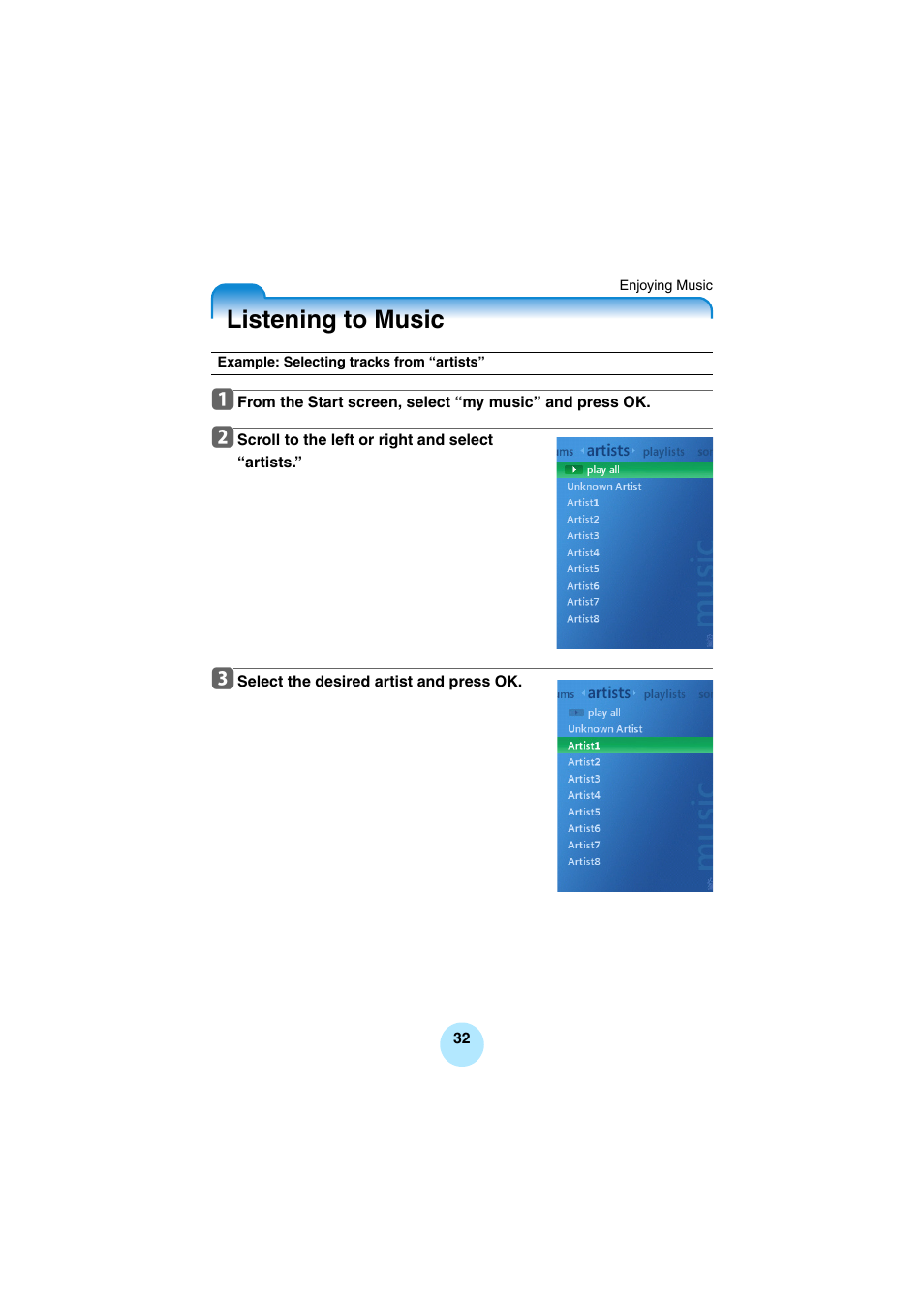 Listening to music | Toshiba Portable MP3 Player User Manual | Page 32 / 102