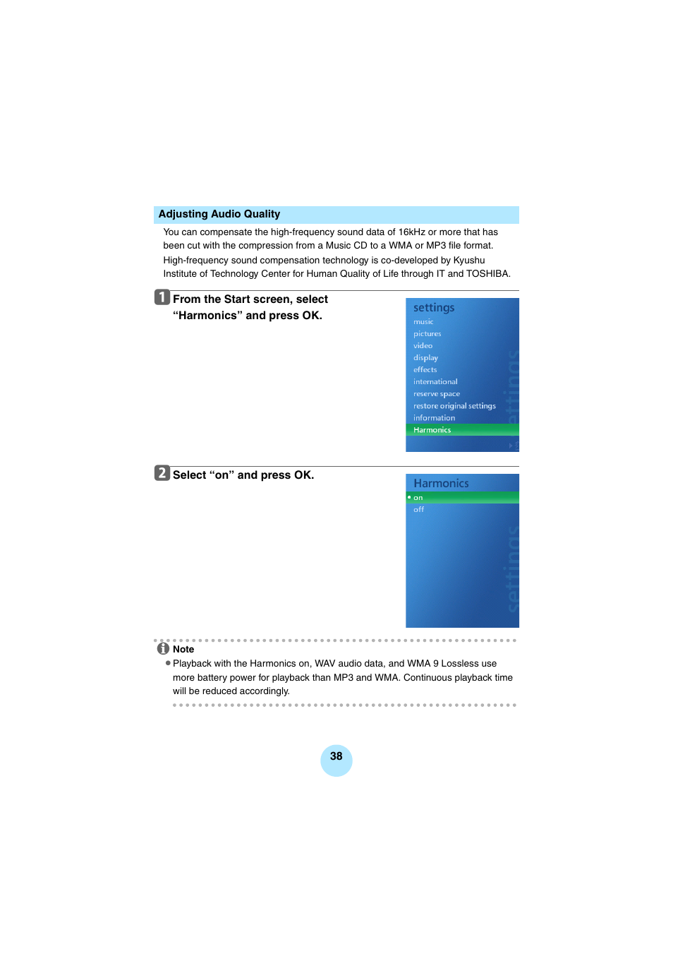 Adjusting audio quality | Toshiba Portable MP3 Player User Manual | Page 38 / 102