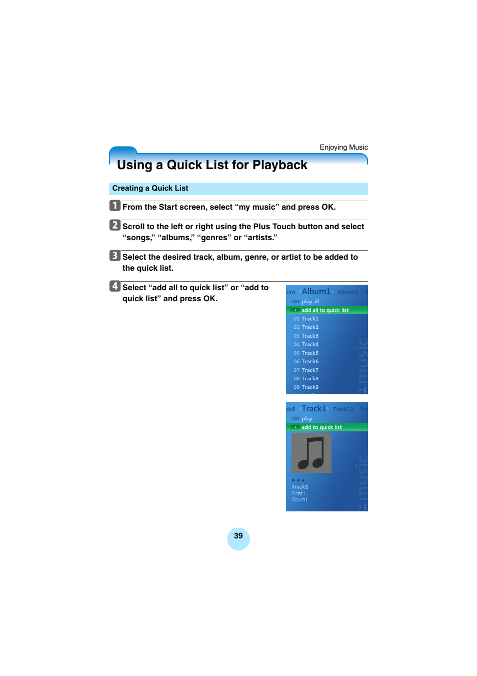 Using a quick list for playback, Creating a quick list | Toshiba Portable MP3 Player User Manual | Page 39 / 102