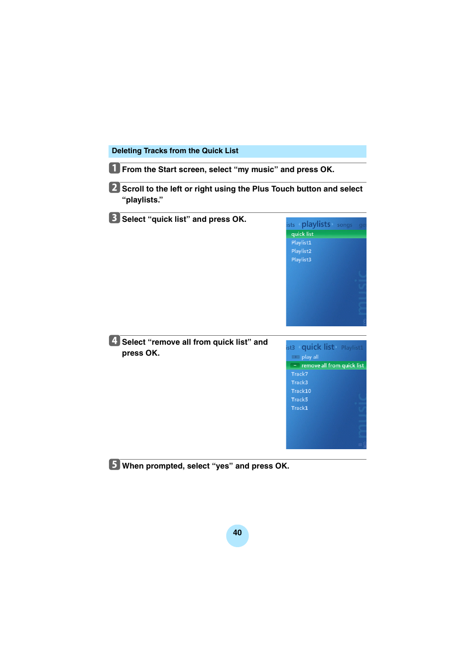 Deleting tracks from the quick list | Toshiba Portable MP3 Player User Manual | Page 40 / 102