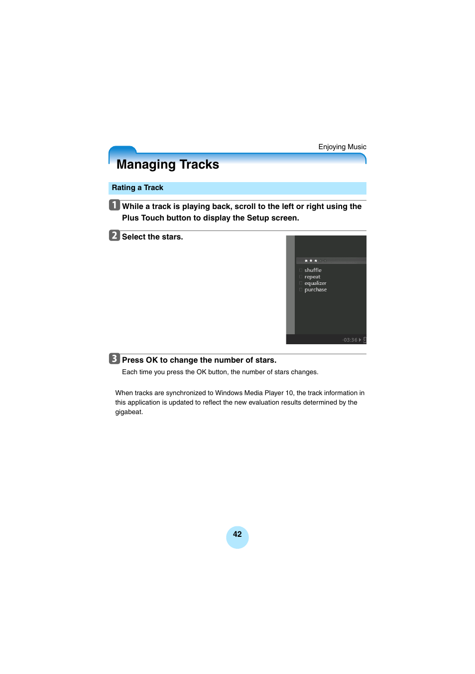 Managing tracks, Rating a track | Toshiba Portable MP3 Player User Manual | Page 42 / 102