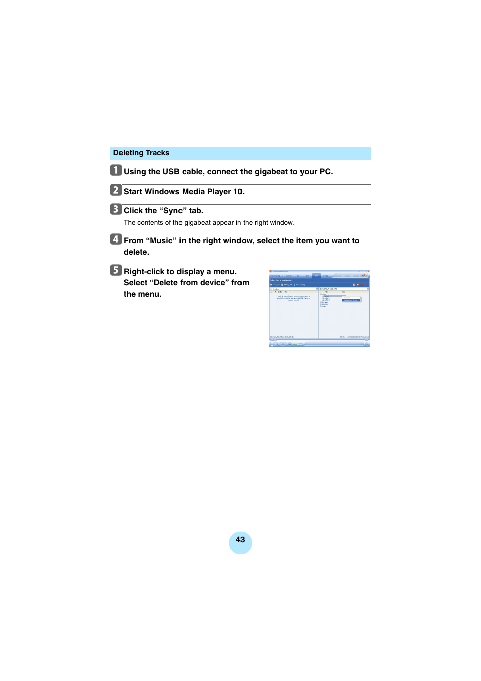 Deleting tracks | Toshiba Portable MP3 Player User Manual | Page 43 / 102