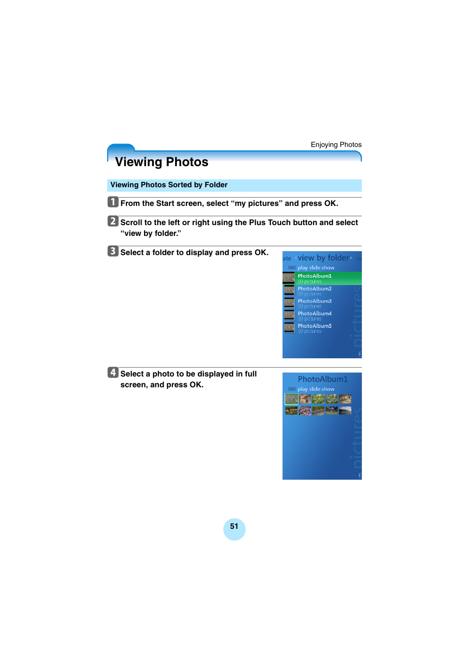 Viewing photos, Viewing photos sorted by folder | Toshiba Portable MP3 Player User Manual | Page 51 / 102