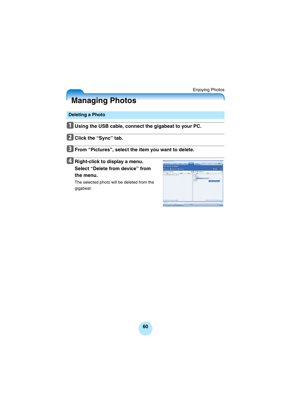 Managing photos, Deleting a photo | Toshiba Portable MP3 Player User Manual | Page 60 / 102