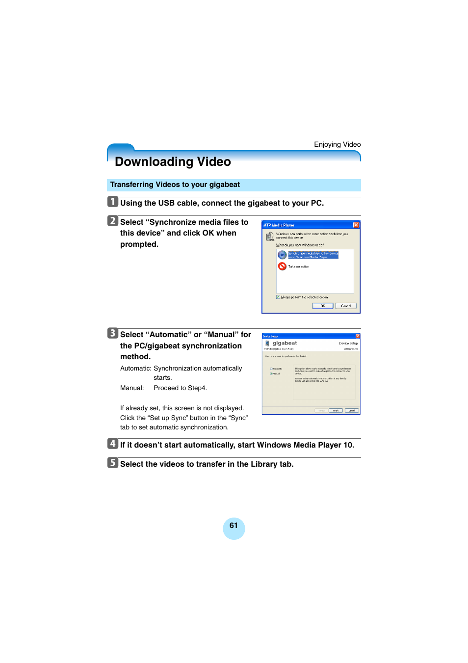 Enjoying video, Downloading video, Transferring videos to your gigabeat | Toshiba Portable MP3 Player User Manual | Page 61 / 102