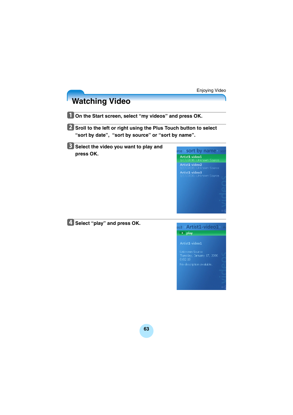 Watching video | Toshiba Portable MP3 Player User Manual | Page 63 / 102