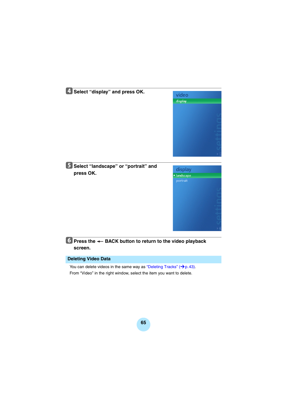 Deleting video data | Toshiba Portable MP3 Player User Manual | Page 65 / 102