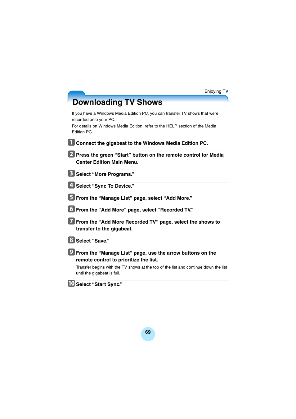 Enjoying tv, Downloading tv shows | Toshiba Portable MP3 Player User Manual | Page 69 / 102