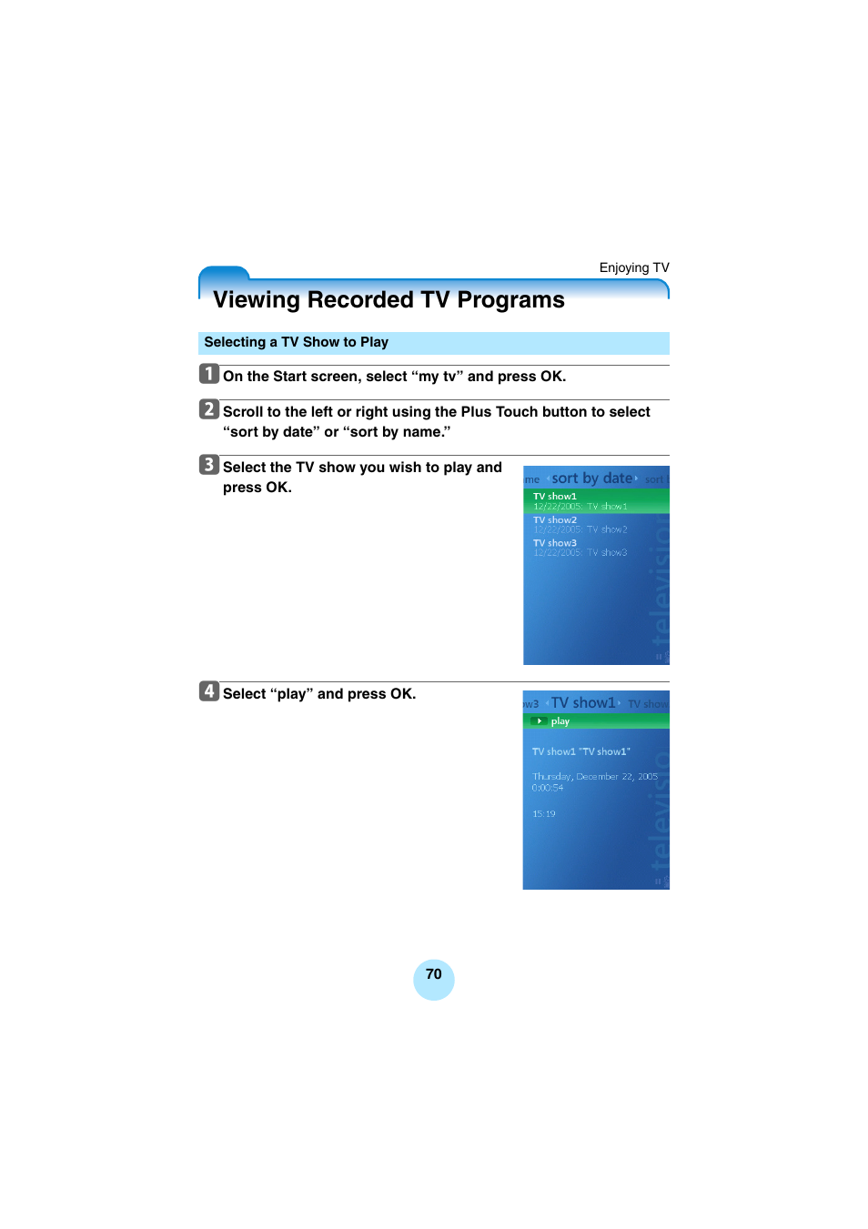 Viewing recorded tv programs, Selecting a tv show to play | Toshiba Portable MP3 Player User Manual | Page 70 / 102