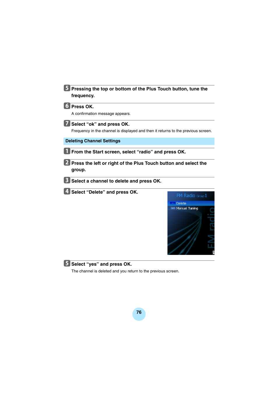 Deleting channel settings | Toshiba Portable MP3 Player User Manual | Page 76 / 102