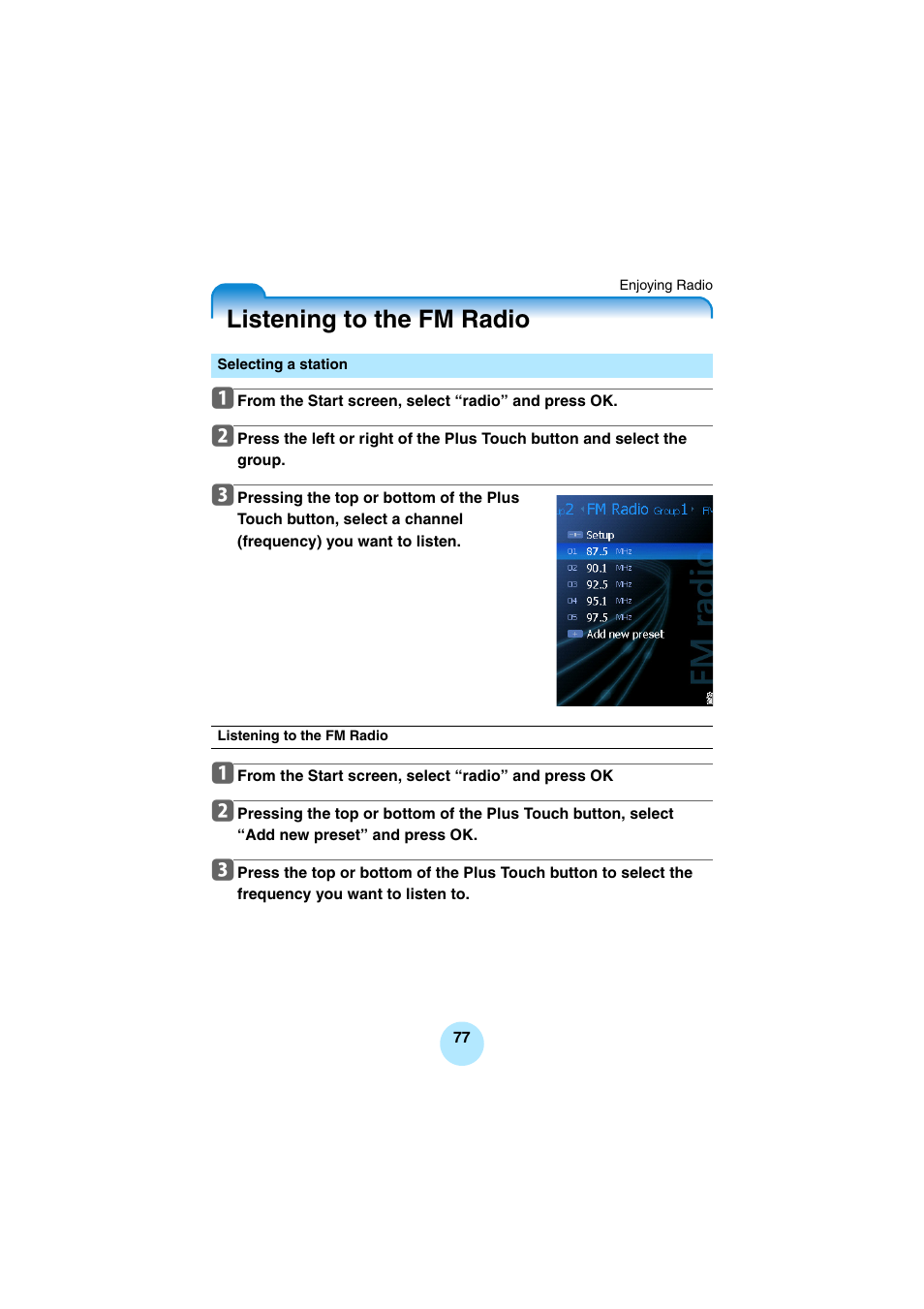 Listening to the fm radio, Selecting a station | Toshiba Portable MP3 Player User Manual | Page 77 / 102