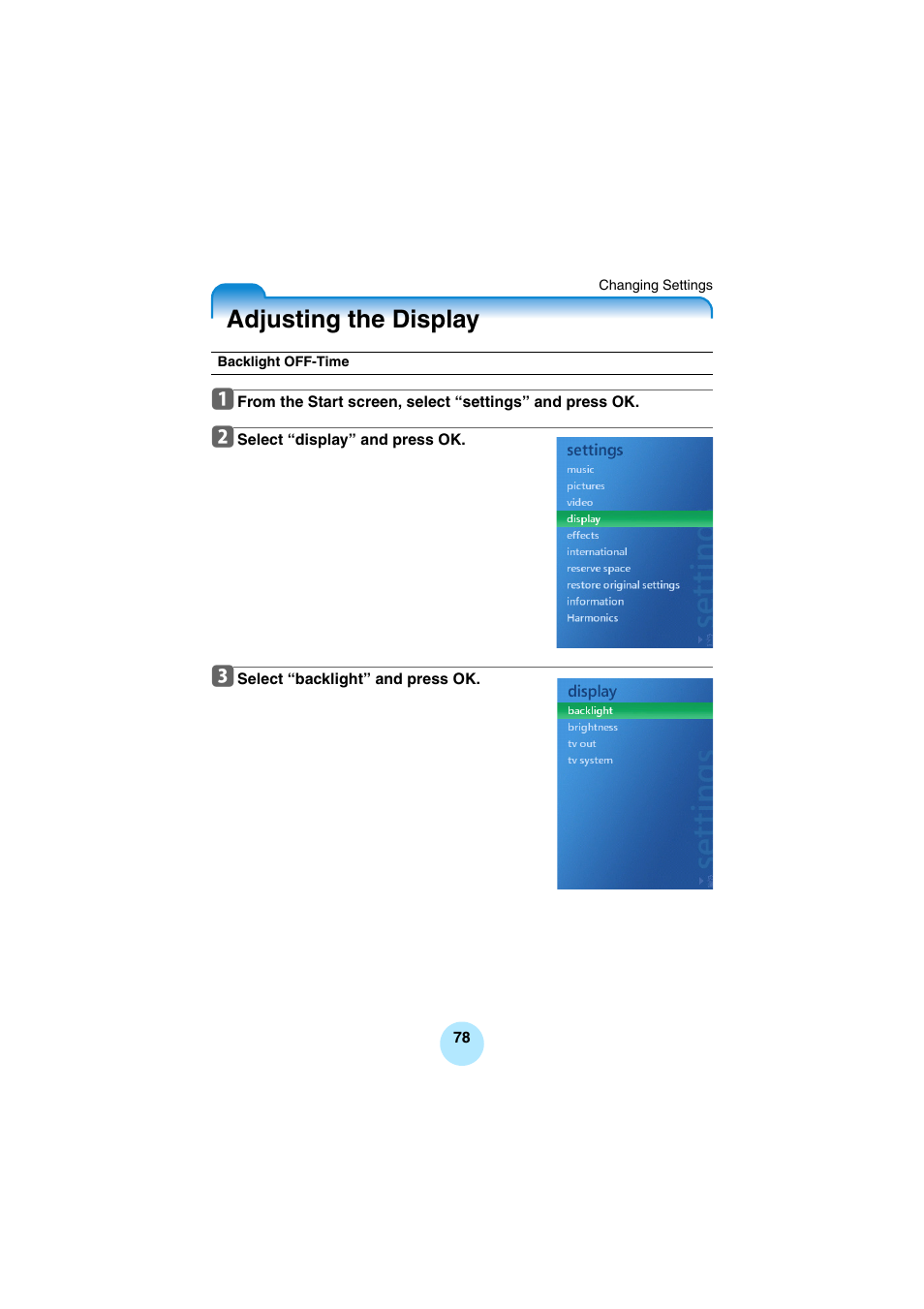 Changing settings, Adjusting the display | Toshiba Portable MP3 Player User Manual | Page 78 / 102