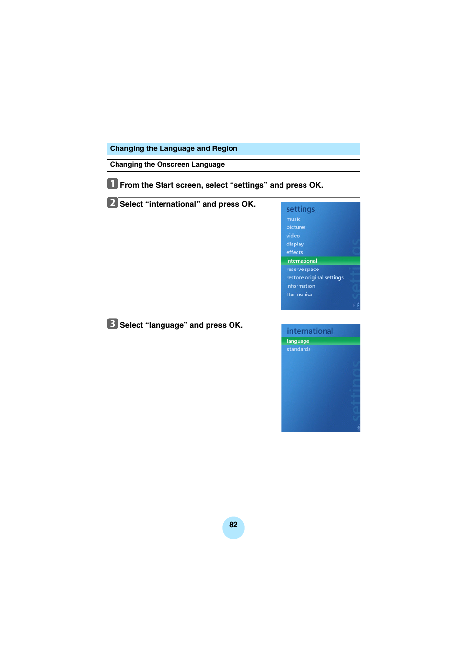 Changing the language and region | Toshiba Portable MP3 Player User Manual | Page 82 / 102