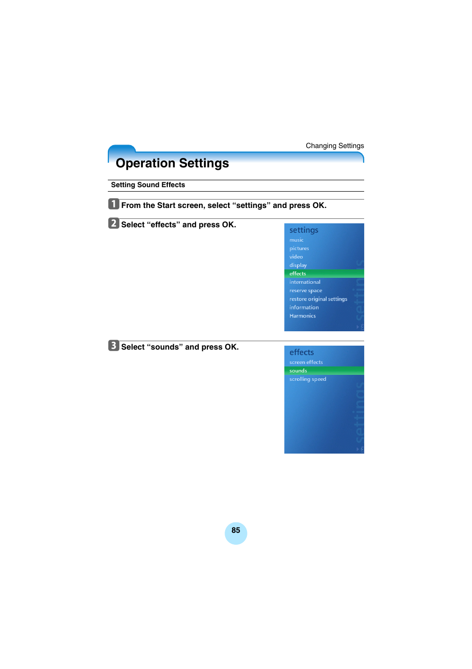 Operation settings | Toshiba Portable MP3 Player User Manual | Page 85 / 102