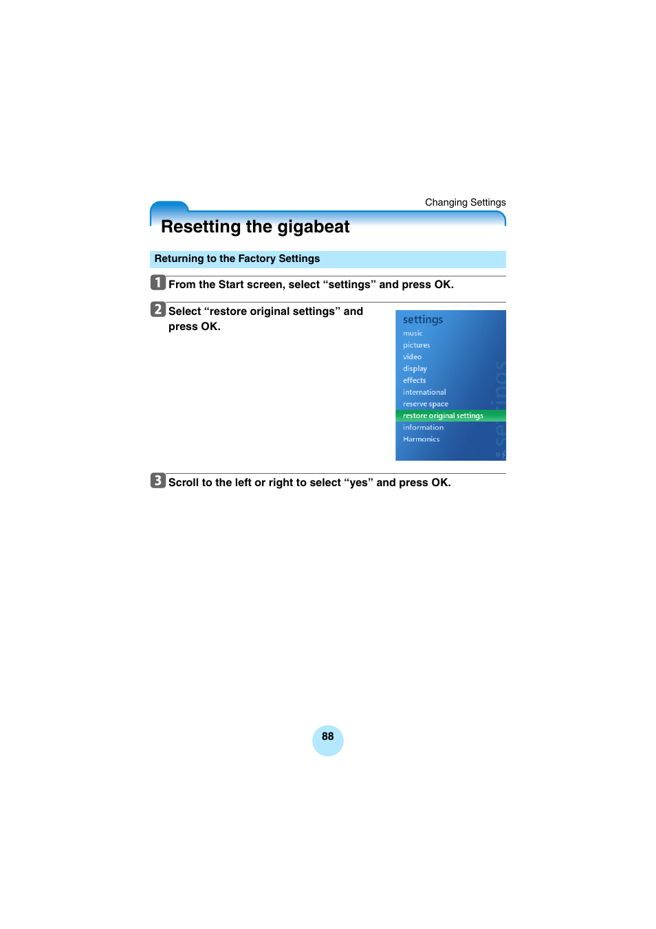 Resetting the gigabeat, Returning to the factory settings | Toshiba Portable MP3 Player User Manual | Page 88 / 102