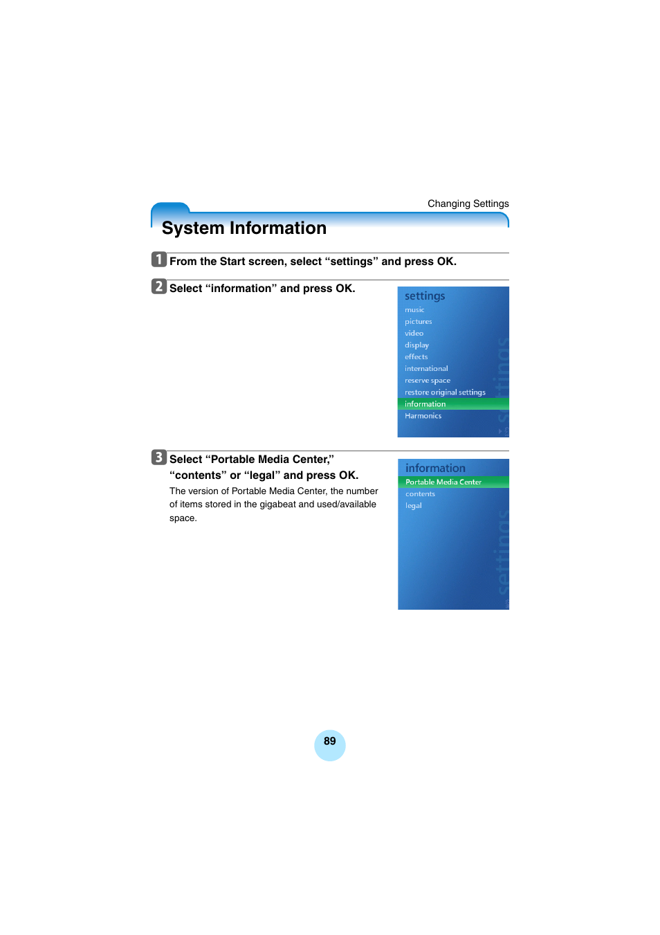 System information | Toshiba Portable MP3 Player User Manual | Page 89 / 102