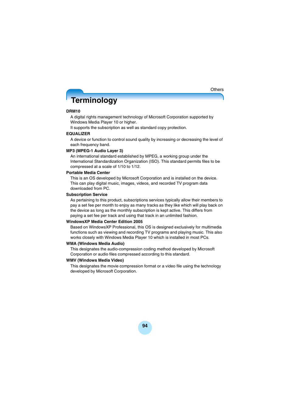 Terminology | Toshiba Portable MP3 Player User Manual | Page 94 / 102