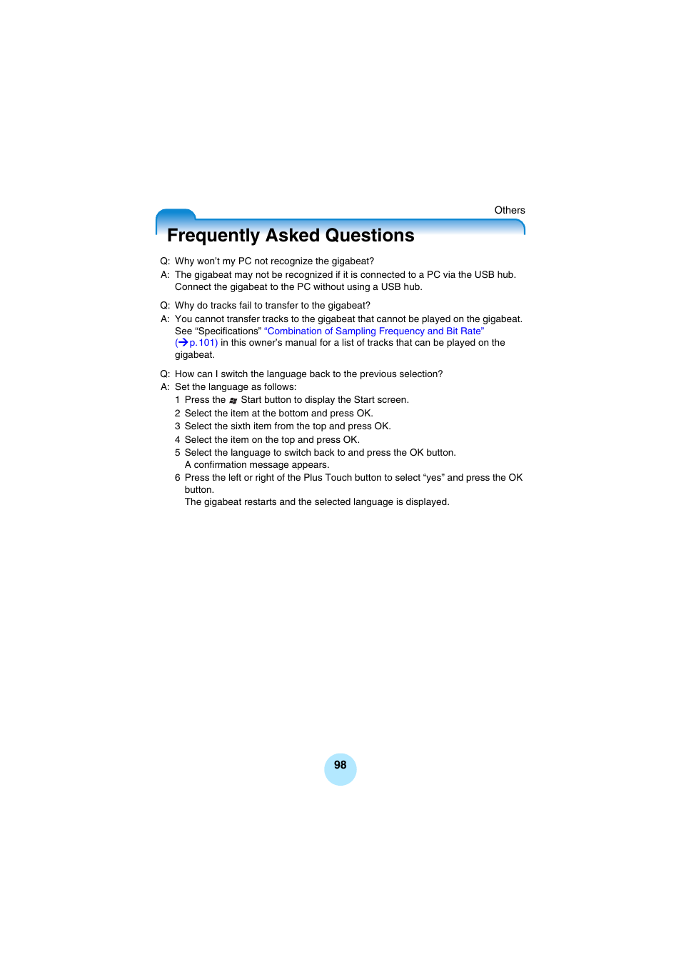 Frequently asked questions | Toshiba Portable MP3 Player User Manual | Page 98 / 102