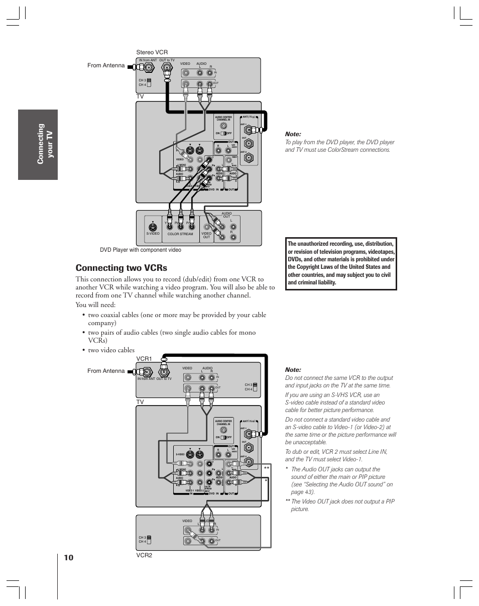 Two vcrs, Connecting two vcrs | Toshiba 43A61 User Manual | Page 10 / 51