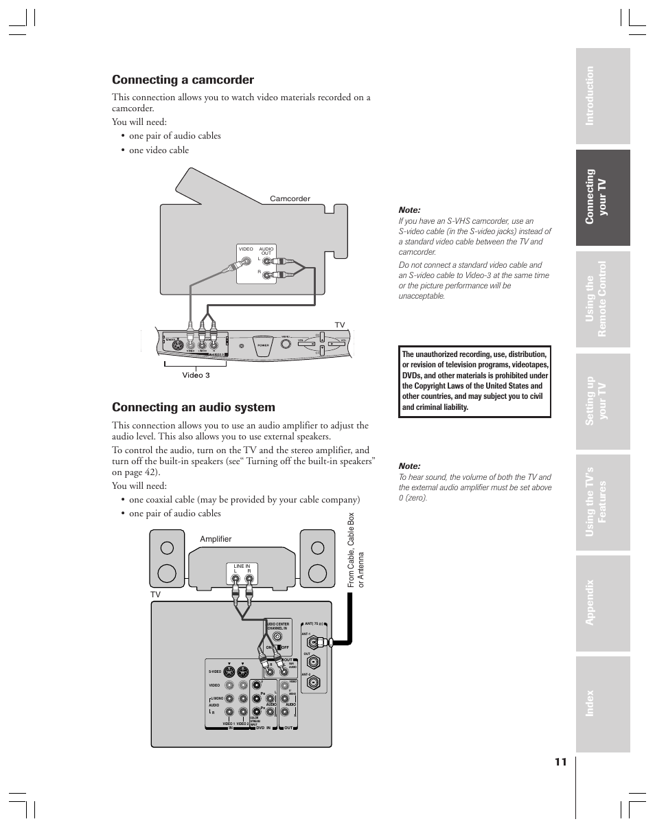 Camcorder - audio system, Connecting a camcorder, Connecting an audio system | Toshiba 43A61 User Manual | Page 11 / 51